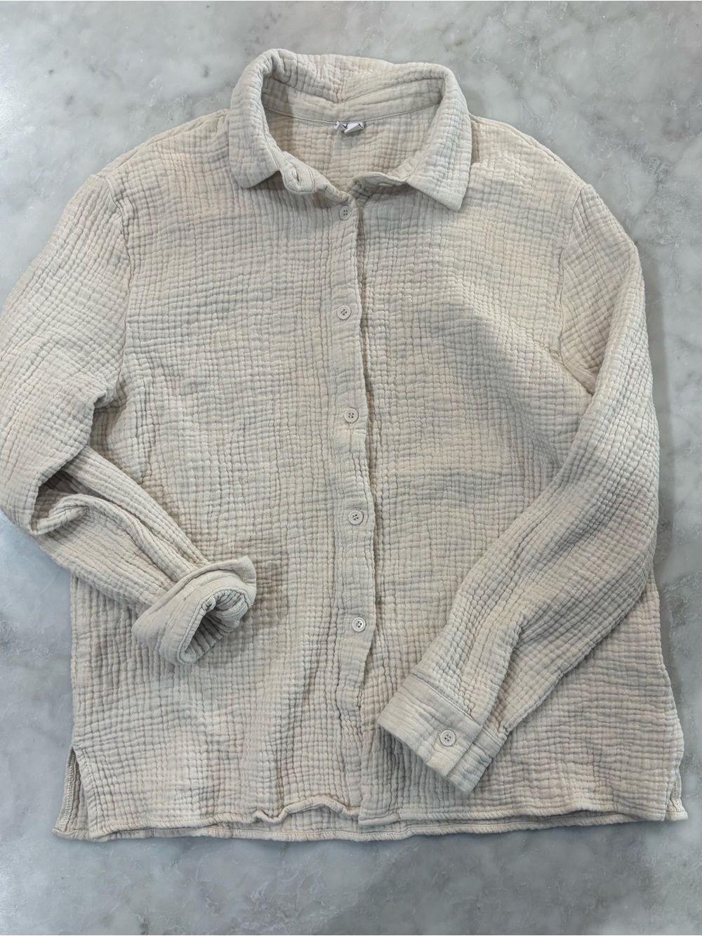 Nordstrom Women Cotton Cream Textured‎ Crinkle Button-Up Shirt Size M